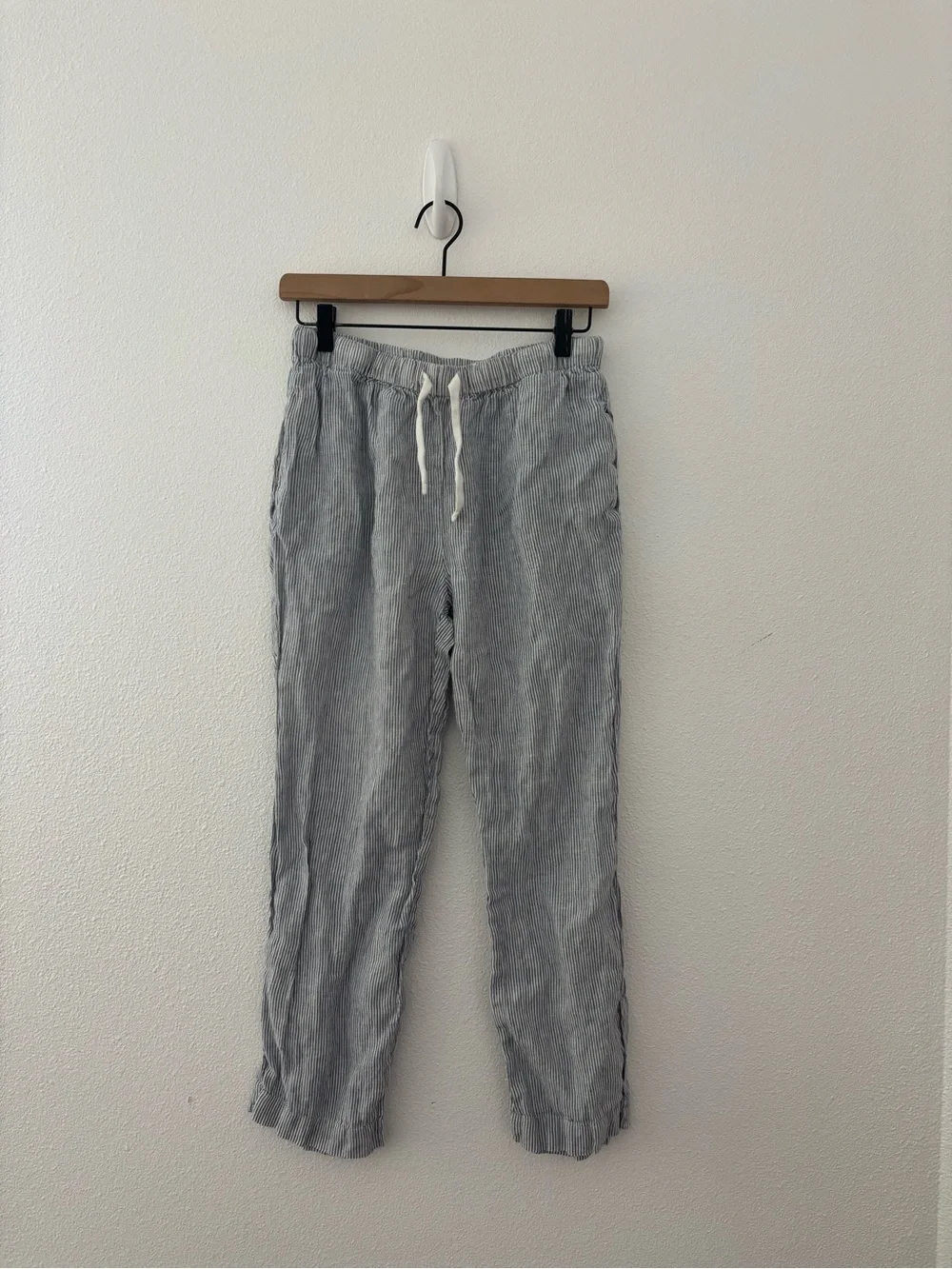 Quince Light Gray Pinstripe Wide-Leg Linen Drawstring Pants